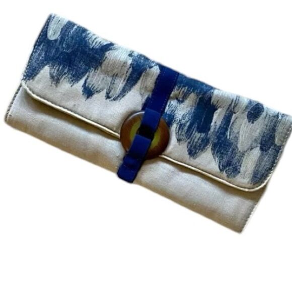 Lela Rose Beauty.com Folding Cosmetic Clutch Feather Beige Blue - Picture 1 of 3